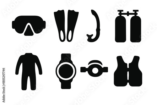 Diving Gear Icons. Diving Gear. Filled icon set of Diving Gear: mask, fins, snorkel, scuba tank, wetsuit, dive