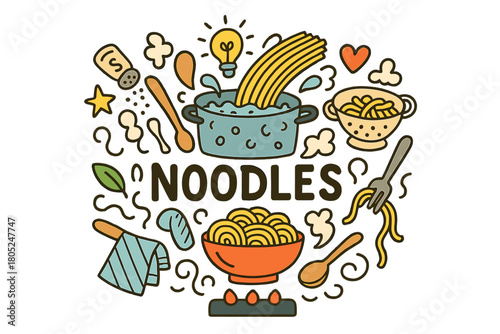 Noodles Cooking Doodle. Cooking noodles. Hand-drawn doodle illustration of cooking noodles. Pot, spaghetti,