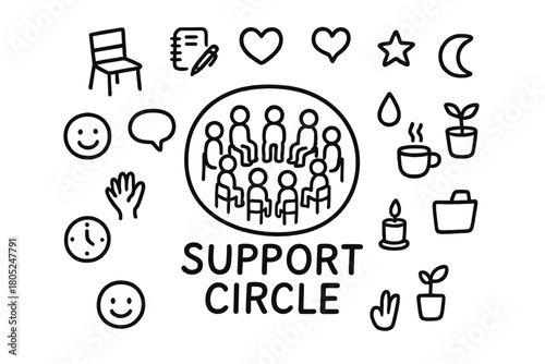 Support Circle Doodle. Support Circle. Hand-drawn doodle illustration of Support Circle. In the middle, one