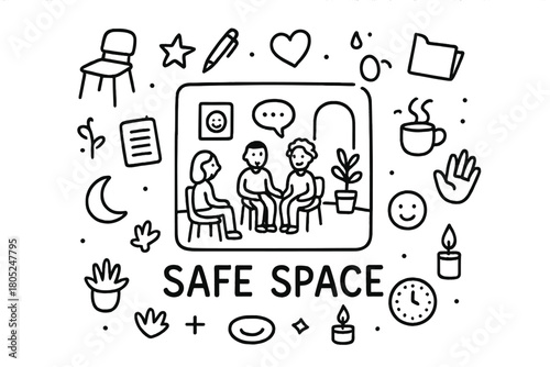 Safe Space Doodle. Safe Space. Hand-drawn doodle illustration of Safe Space. In the middle, one slightly
