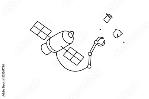 Minimalist Space Cleanup. Space Cleanup. Minimalistic one-line drawing spacecraft capturing floating debris