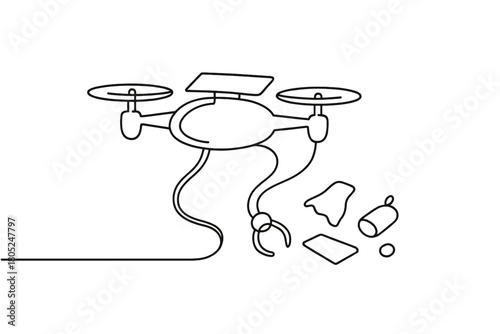Debris Collection Drone. Debris Removal Drone. Minimalistic one-line drawing small autonomous spacecraft