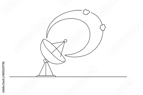 Minimalist Radar Illustration. Tracking Systems. Minimalistic one-line drawing ground radar tracking orbiting