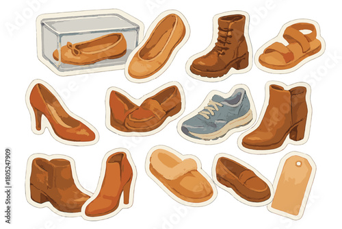 Organized Shoe Stickers. Organized Footwear. Realistic hand-painted watercolor style sticker sheet of