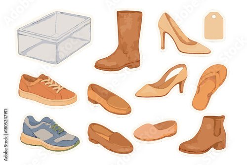 Watercolor Shoe Stickers. Clear Shoe Organizer. Realistic hand-painted watercolor style sticker sheet of clear