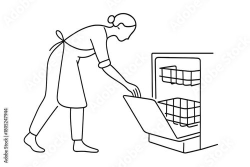 Minimalist Dishwashing Routine. Daily Routine. Minimalistic one-line drawing person bending with laundry-style