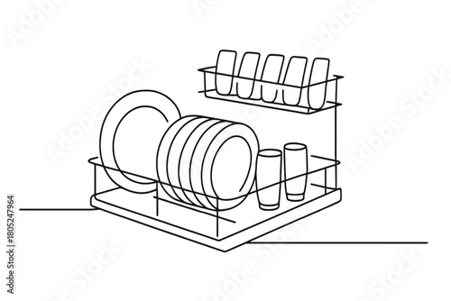 Minimalist Dishwasher Art. Loading and Unloading. Minimalistic one-line drawing dishwasher racks sliding out
