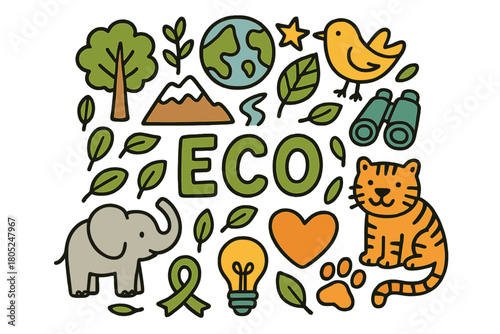 Eco Initiative Doodles. Eco-friendly initiatives. Hand-drawn doodle illustration of eco-friendly initiatives.