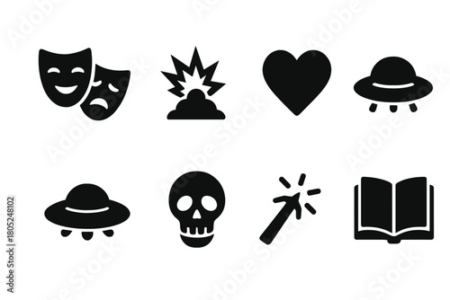 Iconic Movie Genres. Movie genres. Filled icon set of Movie genres: comedy mask, drama mask, action explosion,