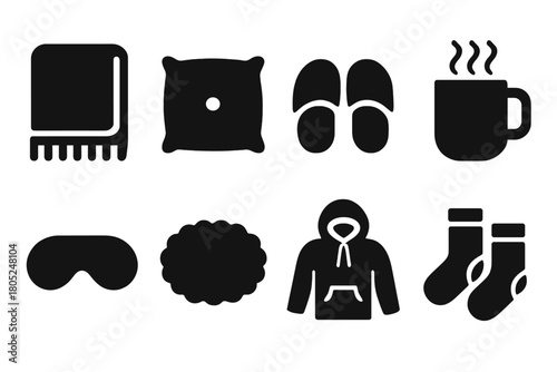 Home Comfort Icons. Home comfort items. Filled icon set of Home comfort items: throw blanket, cushion,