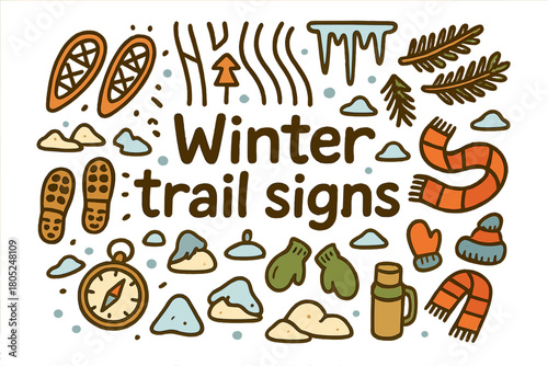 Winter Trail Doodle. Winter trail signs. Hand-drawn doodle illustration of Winter trail signs. snowshoe tracks