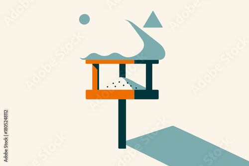Minimalist Winter Bird Feeder. Snow-covered bird feeder. geometric sans heavy, flat fills, long angled