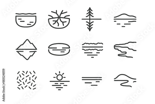 Frozen Lake Icons. Frozen lake reflections. Line outline icon set of Frozen lake reflections: mirror ice
