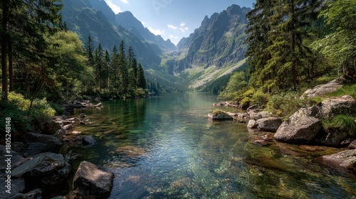 Fototapeta Naklejka Na Ścianę i Meble -  Pristine Morskie Oko lake reflects mountain peaks and lush forest in Tatra National Park