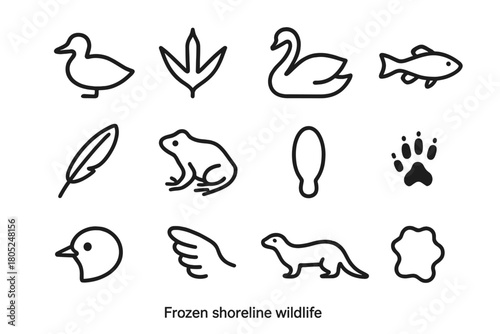 Frozen Shoreline Wildlife Icons. Frozen shoreline wildlife. Line outline icon set of Frozen shoreline wildlife