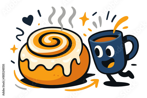 Cinnamon Delight. Cinnamon swirl close-up. A giant cinnamon roll glows with sugary icing as tiny steam lines