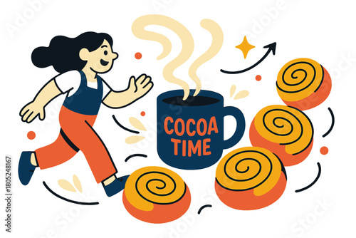 Cocoa Time Delight. Breakfast treat lineup. Rolls arranged in a loose curve point toward a steaming mug