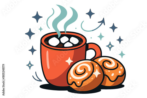 Festive Cocoa and Treats. Holiday cocoa. A mug topped with marshmallows sends up glowing steam, while cinnamon