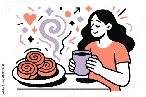 Cinnamon Scented Geometry. Warm kitchen moment. A plate of cinnamon rolls sits beside a drifting cloud of