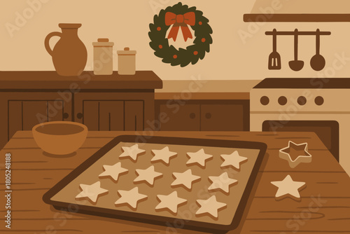 Rustic Holiday Baking. Rustic kitchen with Christmas cookies minimalist flat illustration of a wooden