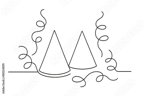 Minimalistic Party Sketch. Celebration accessories flat lay. Minimalistic one-line drawing cone hats with