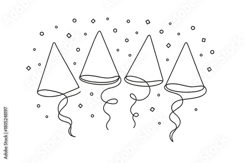 Minimalist Party Celebration. Confetti and hats flat lay. Minimalistic one-line drawing assorted party hats