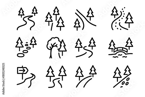 Forest Path Icons. Forest paths. Line outline icon set of Forest paths: winding path, straight trail, forked