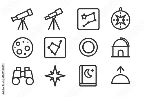 Winter Astronomy Icons. Winter astronomy. Line outline icon set of Winter astronomy: telescope, tripod