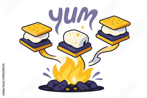 S’mores Delight. Campfire snack lineup. Three s’mores float in a gentle curve above glowing embers;