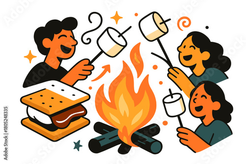 Campfire S'mores Delight. S’mores by campfire. Marshmallows glow over rising flames as chocolate melts softly