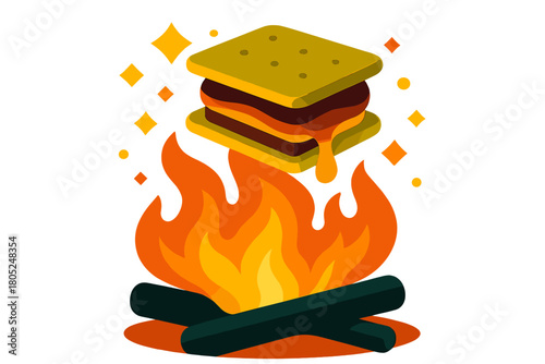 Emberlit S'more Delight. Hot ember reflections. A s’more hovers near the fire, its edges glowing softly from