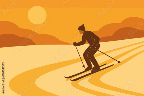 Golden Dusk Skiing. Golden dusk ski path minimalist flat illustration of a skier gliding across glowing snow