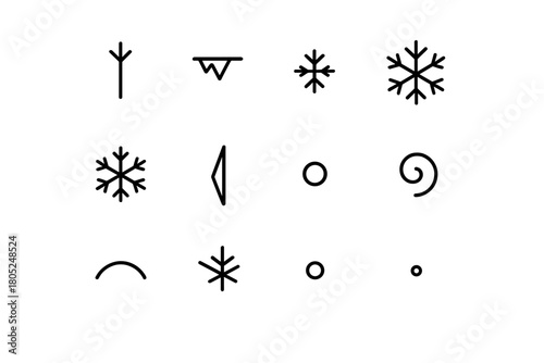 Frosty Icon Set. Frosty details. Line outline icon set of Frosty details: tiny vane, thin ice stroke, micro