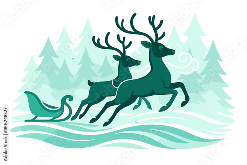 Frozen Forest Sprint. Frozen forest run. Reindeer leap across icy terrain with swirling frosty breaths forming