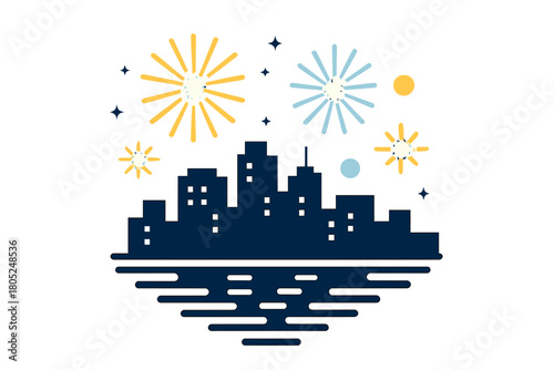 City Harbor Fireworks. City Harbor Fireworks. Flat minimalist vector illustration of City Harbor Fireworks.