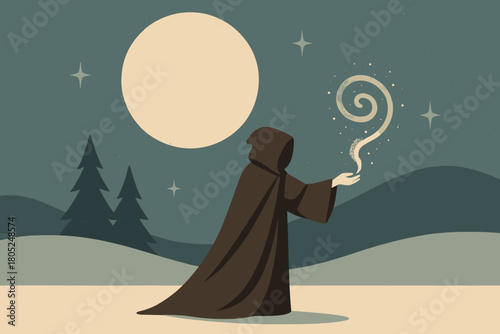 Moonlit Spellcasting Scene. Winter moonlight spell scene minimalist flat illustration of a cloaked figure