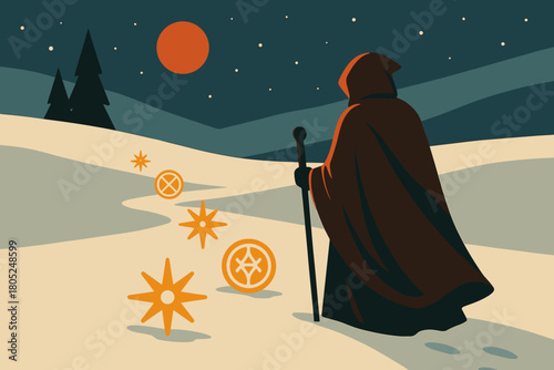 Arcane Winter Journey. Midwinter arcane path minimalist flat illustration of a robed traveler following