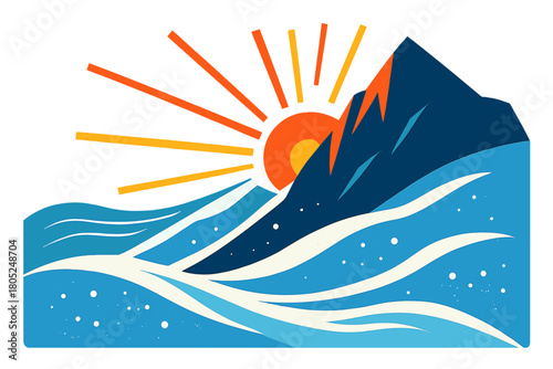 Snowy Ridge Sunburst. Snowy ridgeline flare. The sun peeks behind a towering ridge, sending dynamic rays