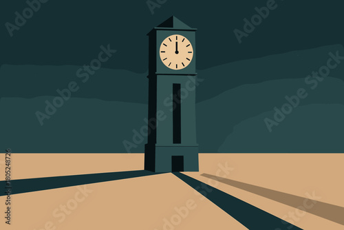 Midnight Clock Countdown. Midnight clock countdown minimalist flat illustration of a towering clock striking