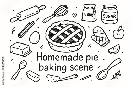 Homemade Pie Ingredients. Homemade pie baking scene. Hand-drawn doodle illustration of Homemade pie baking