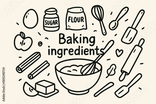 Baking Essentials Doodle. Baking ingredients. Hand-drawn doodle illustration of Baking ingredients. Central