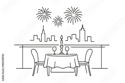 Minimalistic Balcony Dinner. New Year balcony dinner. Minimalistic one-line drawing candlelit table on terrace