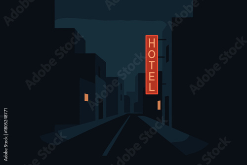 Neon Silence. Urban night silence minimalist flat illustration of deserted city streets lit only by a single