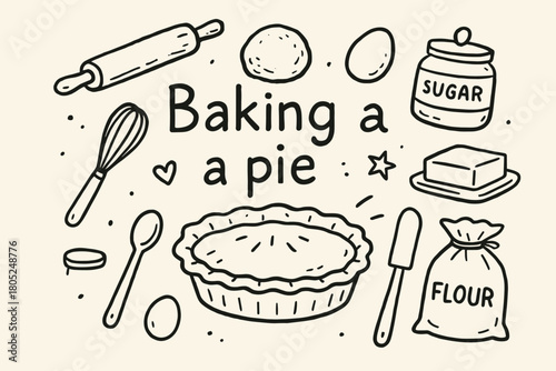 Pie Baking Doodle. Baking a pie. Hand-drawn doodle illustration of Baking a pie. Central doodle (pie crust in
