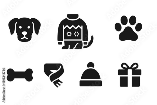 Festive Dog Icon Set. Dog wearing Christmas sweater. Filled icon set of Dog wearing Christmas sweater: dog