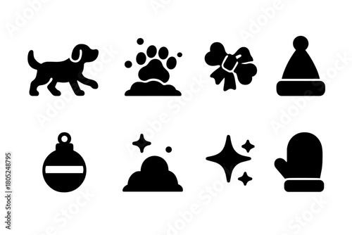 Holiday Pet Icons. Holiday pet moments. Filled icon set of Holiday pet moments: dog playing, paw in snow, bone