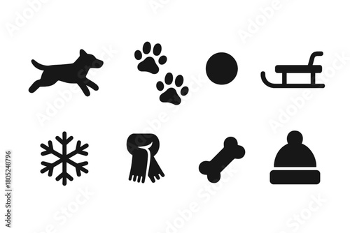 Snowy Dog Icon Set. Snowy dog fun. Filled icon set of Snowy dog fun: dog running, paw tracks, snowball, sled,