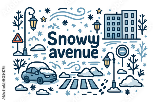 Snowy Avenue Doodle. Snowy avenue. Hand-drawn doodle illustration of Snowy avenue. street lamps, snowy road,