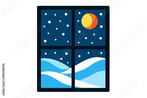 Geometric Night Snowfall. Nighttime Snow Window. Flat minimalist vector illustration of a Nighttime Snow