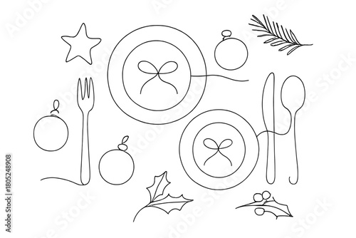 Minimalist Holiday Table. Holiday table flat lay. Minimalistic one-line drawing festive plates, cutlery, and